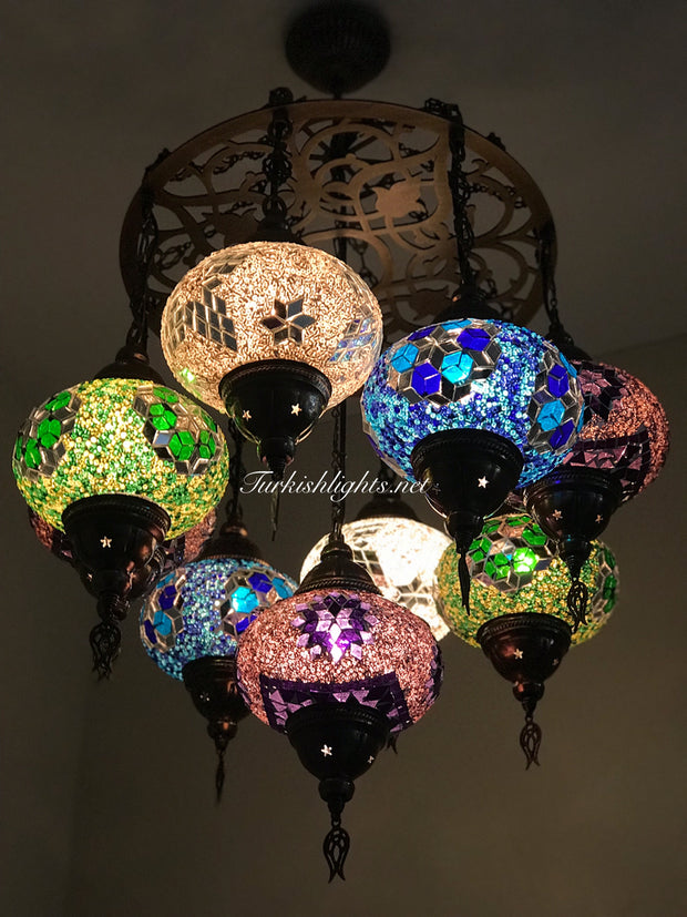 9-BALL Turkish Sultan Mosaic Chandelier With (LARGE) GLOBES , ID:161 - TurkishLights.NET