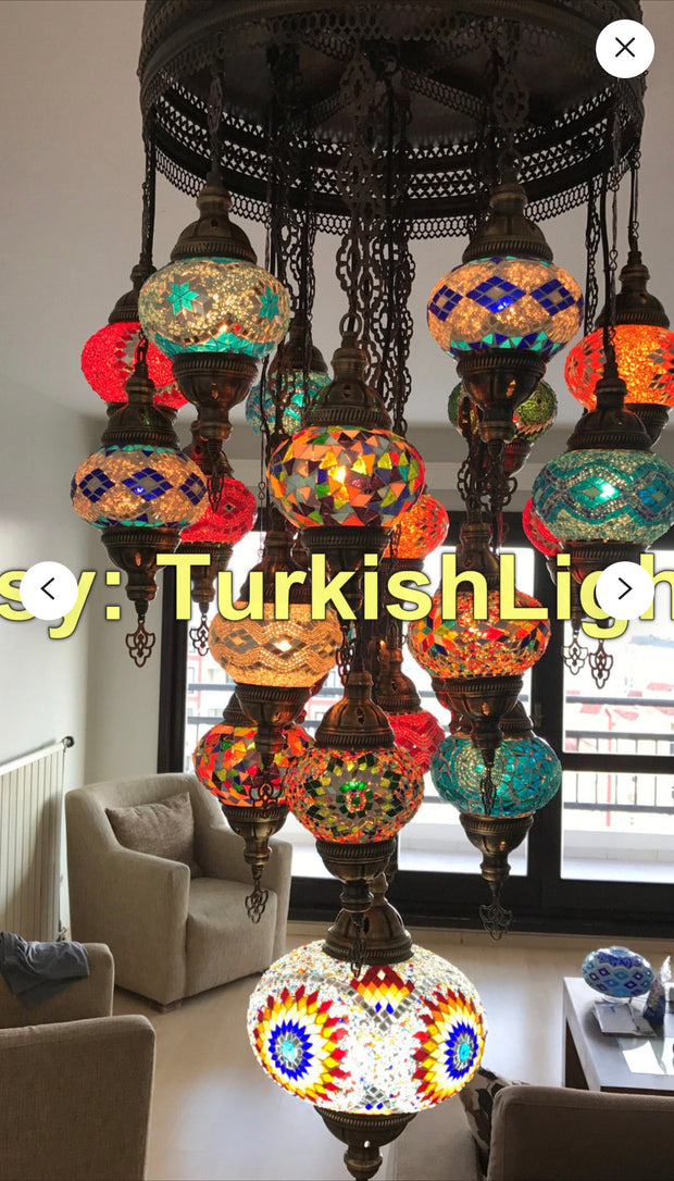 Turkish Mosaic Chandelier With 20 Medium Globes and 1 XL large Globe - TurkishLights.NET