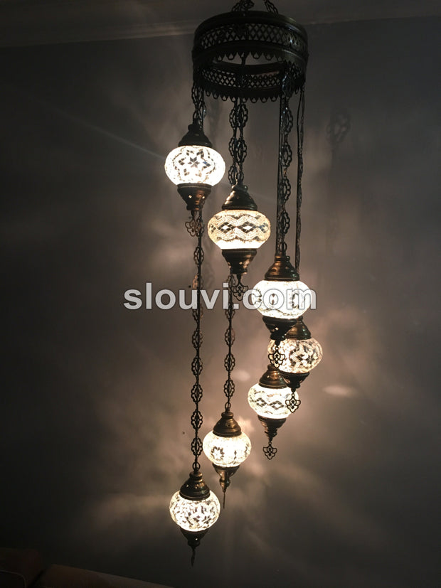 7 - BALL TURKISH MOSAIC CHANDELIER, WHITE - TurkishLights.NET