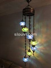 7 - BALL TURKISH MOSAIC CHANDELIER, Blue and Green Wave - TurkishLights.NET