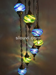 7 - BALL TURKISH MOSAIC CHANDELIER, Blue and Green Wave - TurkishLights.NET