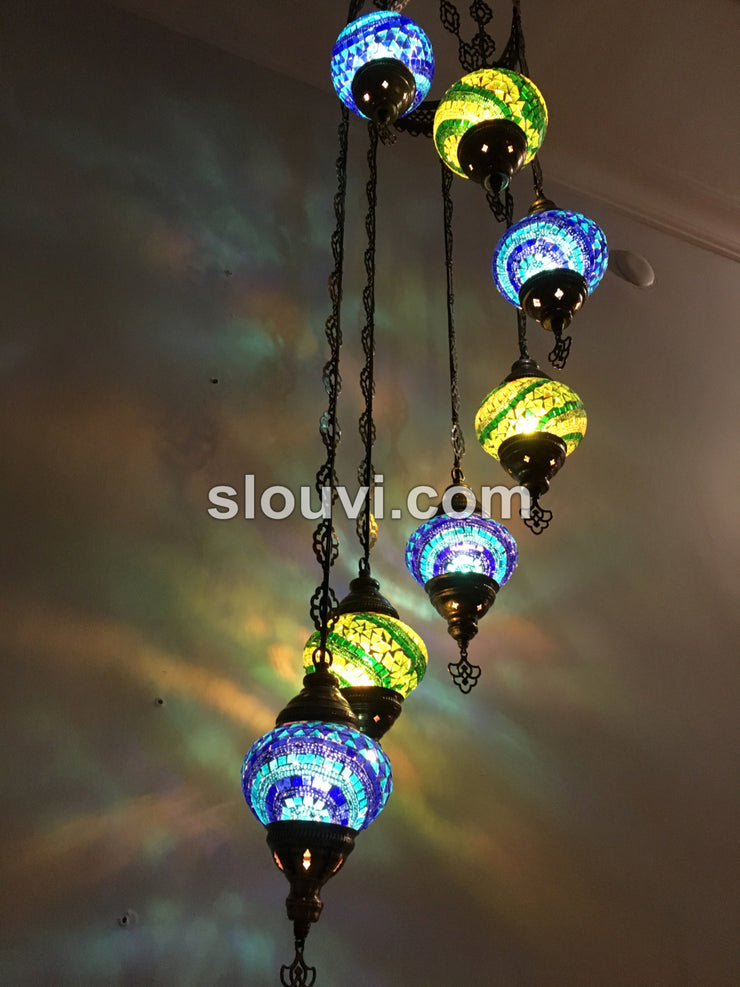 7 - BALL TURKISH MOSAIC CHANDELIER, Blue and Green Wave - TurkishLights.NET