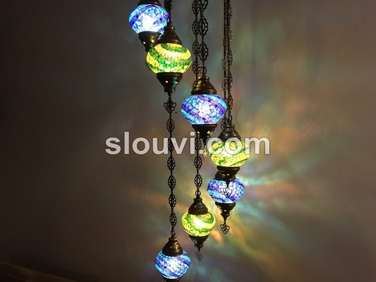 7 - BALL TURKISH MOSAIC CHANDELIER, Blue and Green Wave - TurkishLights.NET