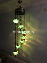 7 - BALL TURKISH MOSAIC CHANDELIER, Green Wave - TurkishLights.NET