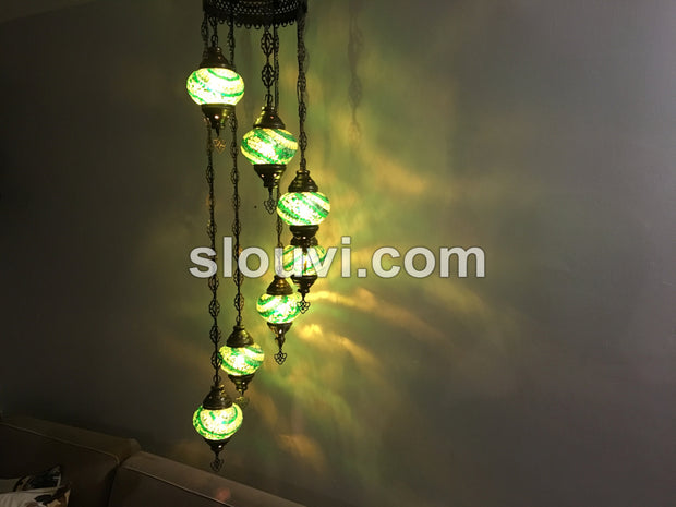 7 - BALL TURKISH MOSAIC CHANDELIER, Green Wave - TurkishLights.NET