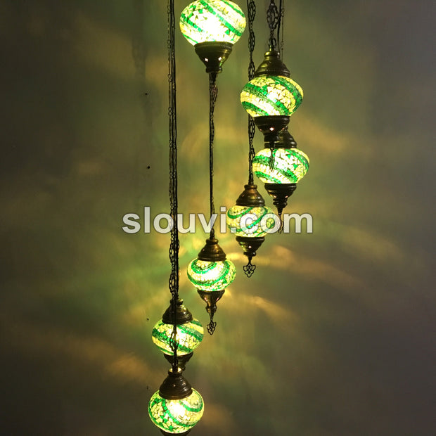 7 - BALL TURKISH MOSAIC CHANDELIER, Green Wave - TurkishLights.NET