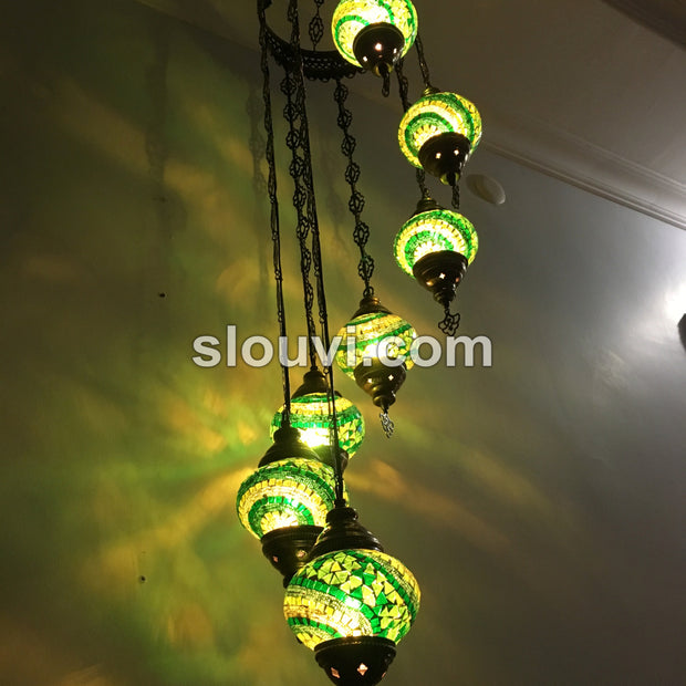 7 - BALL TURKISH MOSAIC CHANDELIER, Green Wave - TurkishLights.NET