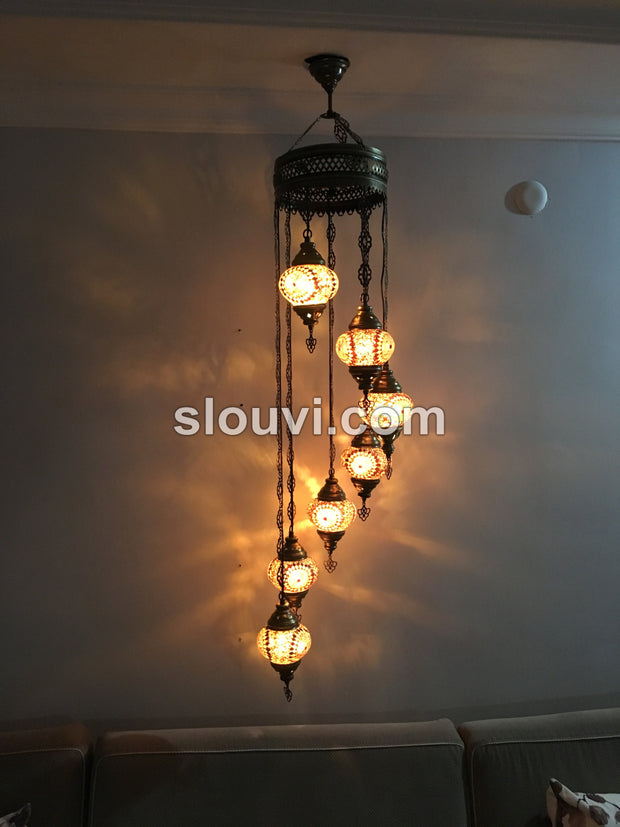 7 - BALL TURKISH MOSAIC CHANDELIER, Brown Yellow Sunflower - TurkishLights.NET