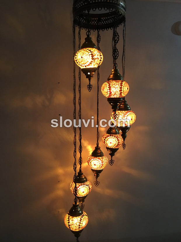 7 - BALL TURKISH MOSAIC CHANDELIER, Brown Yellow Sunflower - TurkishLights.NET