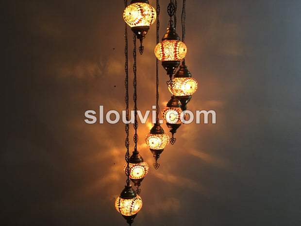 7 - BALL TURKISH MOSAIC CHANDELIER, Brown Yellow Sunflower - TurkishLights.NET