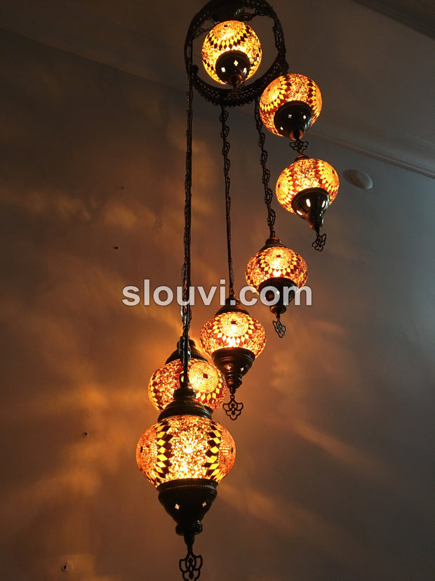 7 - BALL TURKISH MOSAIC CHANDELIER, Brown Yellow Sunflower - TurkishLights.NET