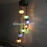 7 - BALL TURKISH MOSAIC CHANDELIER, Brow, Green, Blue Sunflowers - TurkishLights.NET