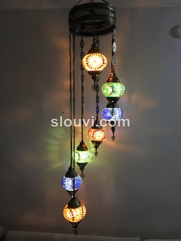 7 - BALL TURKISH MOSAIC CHANDELIER, Brow, Green, Blue Sunflowers - TurkishLights.NET