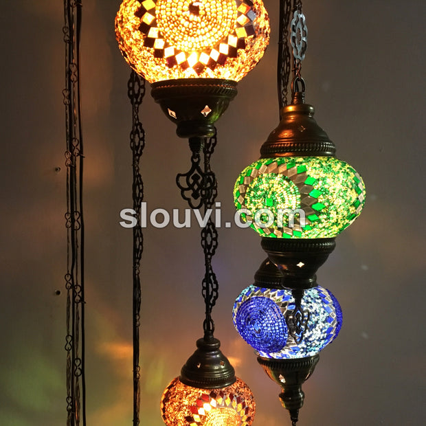 7 - BALL TURKISH MOSAIC CHANDELIER, Brow, Green, Blue Sunflowers - TurkishLights.NET