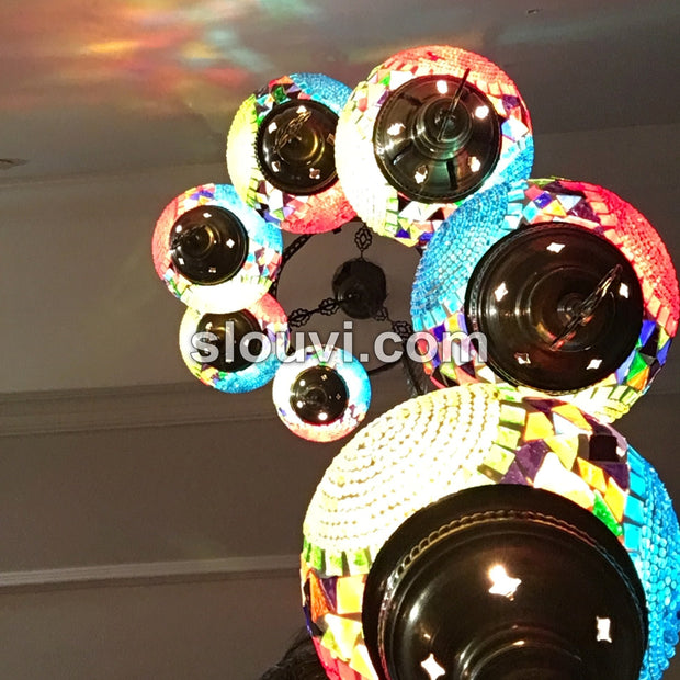 7 - BALL TURKISH MOSAIC CHANDELIER, Circles, blue, green, red - TurkishLights.NET