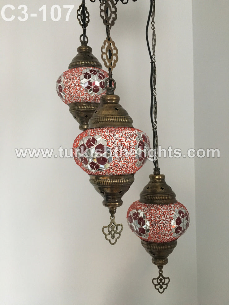 3 BALL TURKISH MOSAIC CHANDELIER RED - TurkishLights.NET