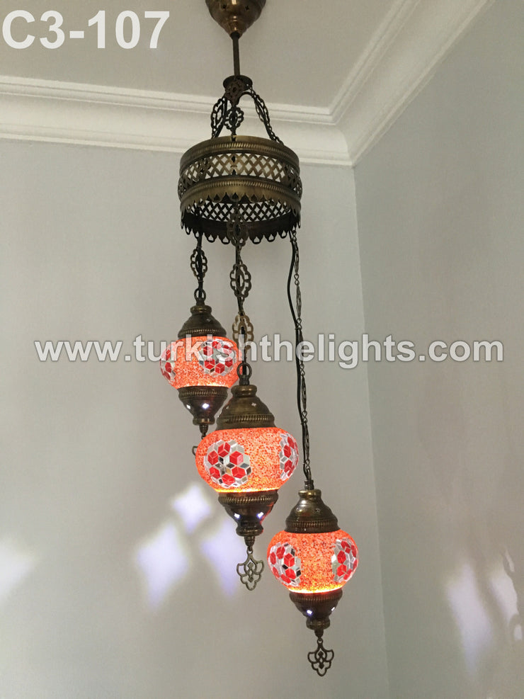 3 BALL TURKISH MOSAIC CHANDELIER RED - TurkishLights.NET