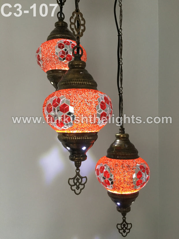 3 BALL TURKISH MOSAIC CHANDELIER RED - TurkishLights.NET