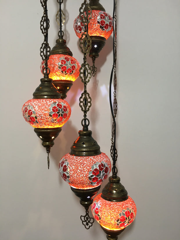 5 BALL TURKISH MOSAIC CHANDELIER RED EYES - TurkishLights.NET