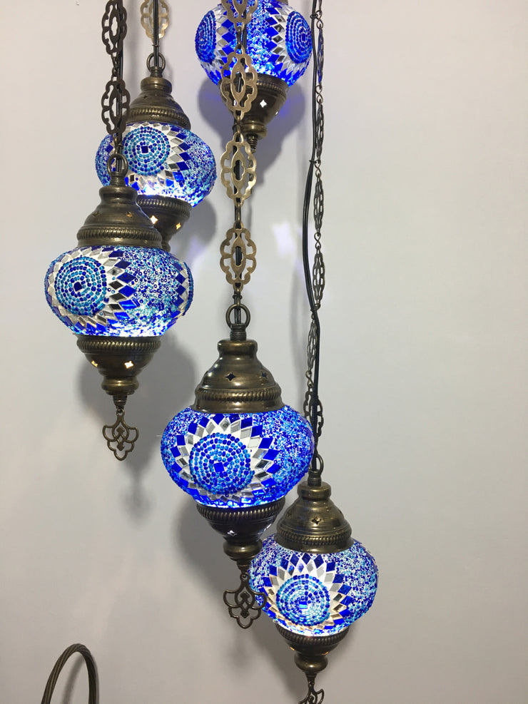 5 BALL TURKISH MOSAIC CHANDELIER BLUE SUNFLOWER - TurkishLights.NET