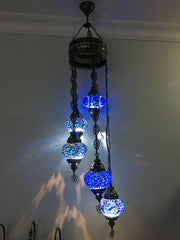 5 BALL TURKISH MOSAIC CHANDELIER BLUE SUNFLOWER - TurkishLights.NET