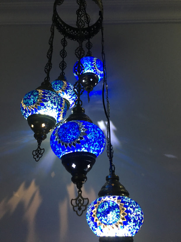 5 BALL TURKISH MOSAIC CHANDELIER BLUE SUNFLOWER - TurkishLights.NET