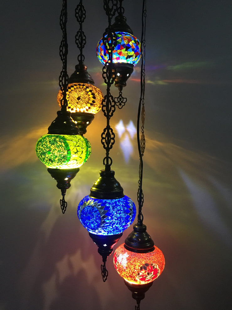 5 BALL TURKISH MOSAIC CHANDELIER MIX GLOBES - TurkishLights.NET