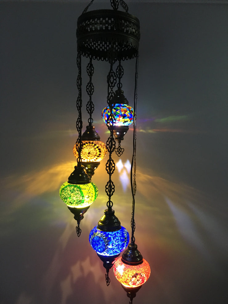 5 BALL TURKISH MOSAIC CHANDELIER MIX GLOBES - TurkishLights.NET