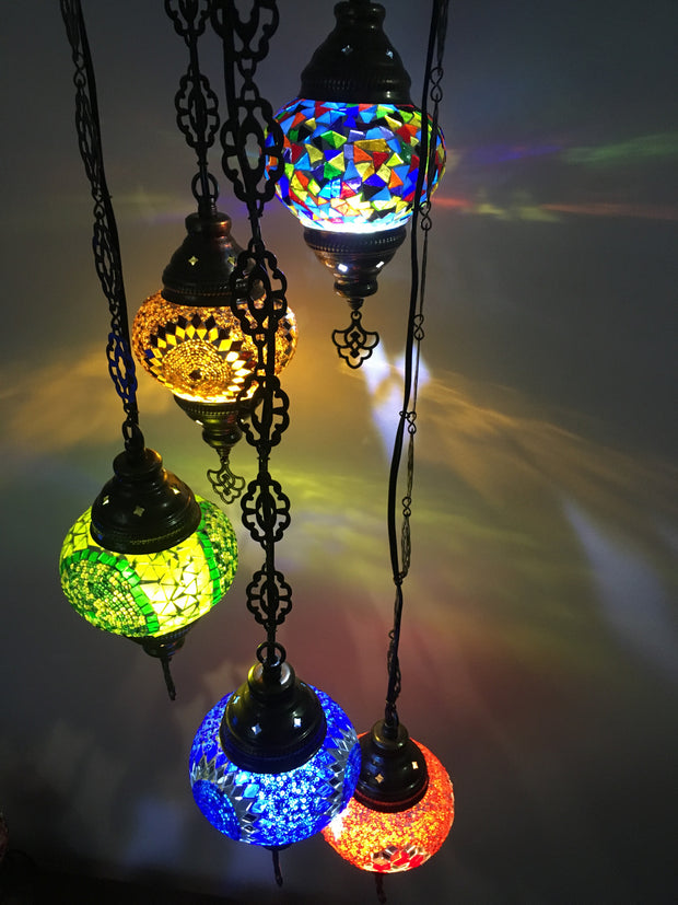 5 BALL TURKISH MOSAIC CHANDELIER MIX GLOBES - TurkishLights.NET