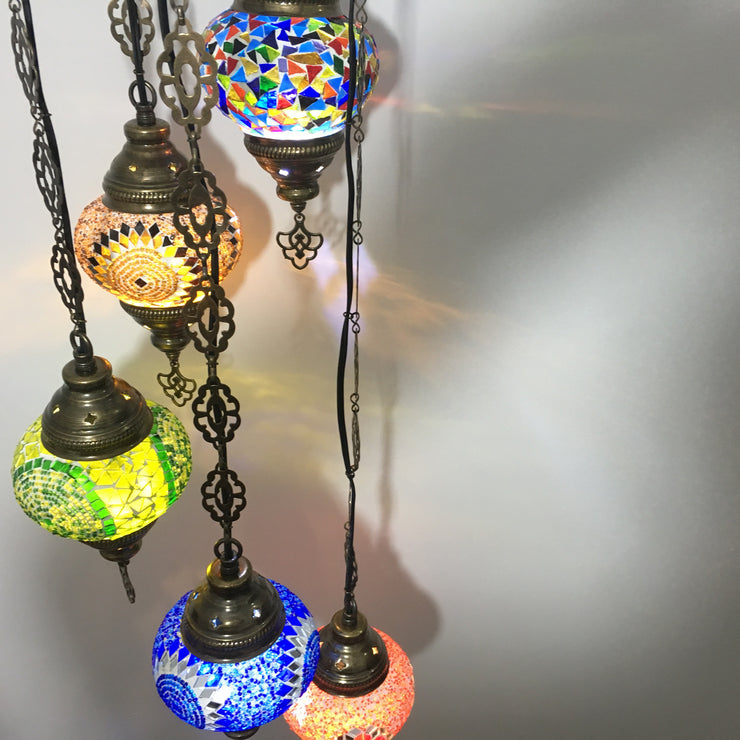 5 BALL TURKISH MOSAIC CHANDELIER MIX GLOBES - TurkishLights.NET