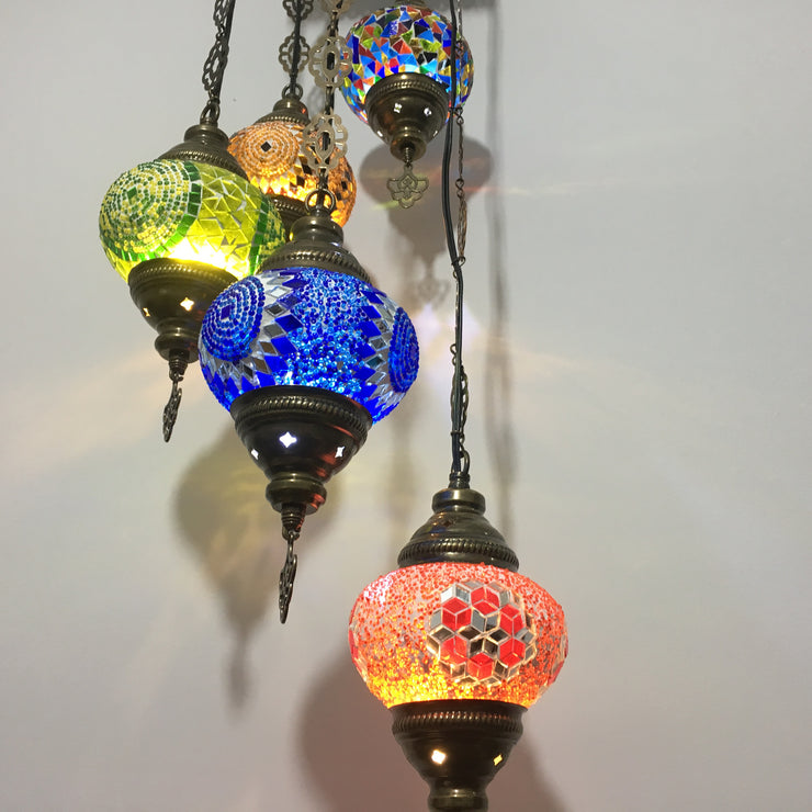 5 BALL TURKISH MOSAIC CHANDELIER MIX GLOBES - TurkishLights.NET