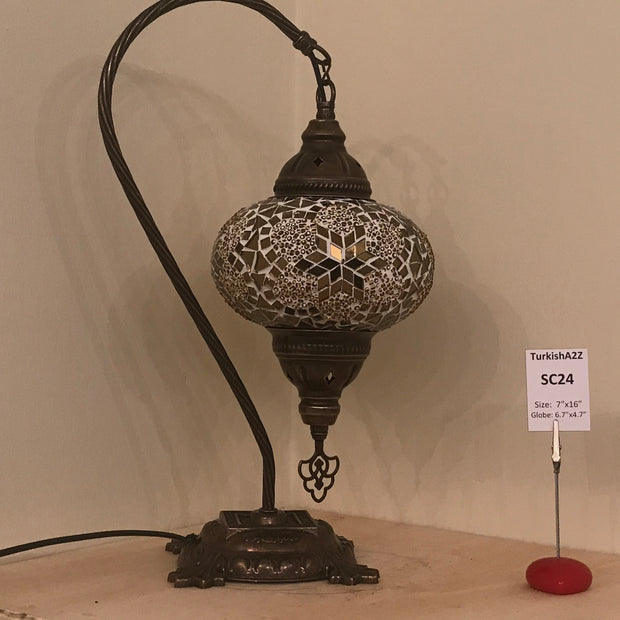 SWAN NECK MOSAIC TABLE LAMP, LARGE GLOBE , SC21 TO SC40 - TurkishLights.NET