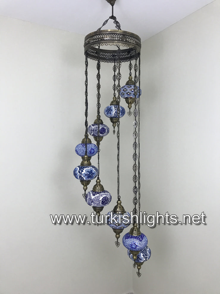 9-BALL TURKISH  MOSAIC CHANDELIER WITH LARGE GLOBES, BLUE MIX - TurkishLights.NET