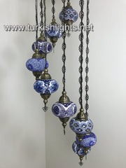 9-BALL TURKISH  MOSAIC CHANDELIER WITH LARGE GLOBES, BLUE MIX - TurkishLights.NET