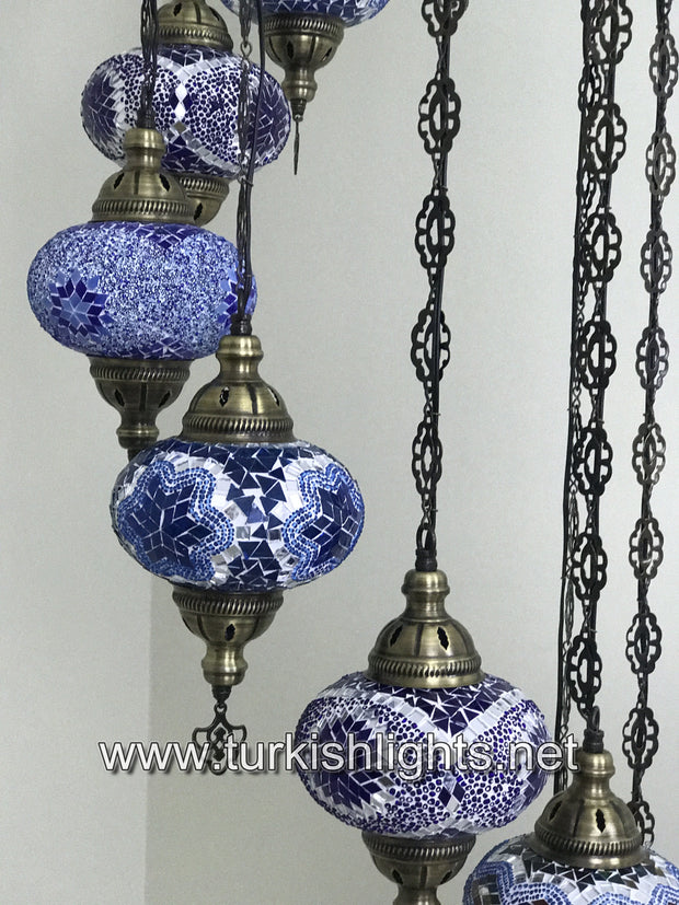 9-BALL TURKISH  MOSAIC CHANDELIER WITH LARGE GLOBES, BLUE MIX - TurkishLights.NET