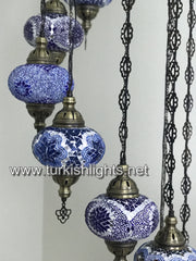 9-BALL TURKISH  MOSAIC CHANDELIER WITH LARGE GLOBES, BLUE MIX - TurkishLights.NET