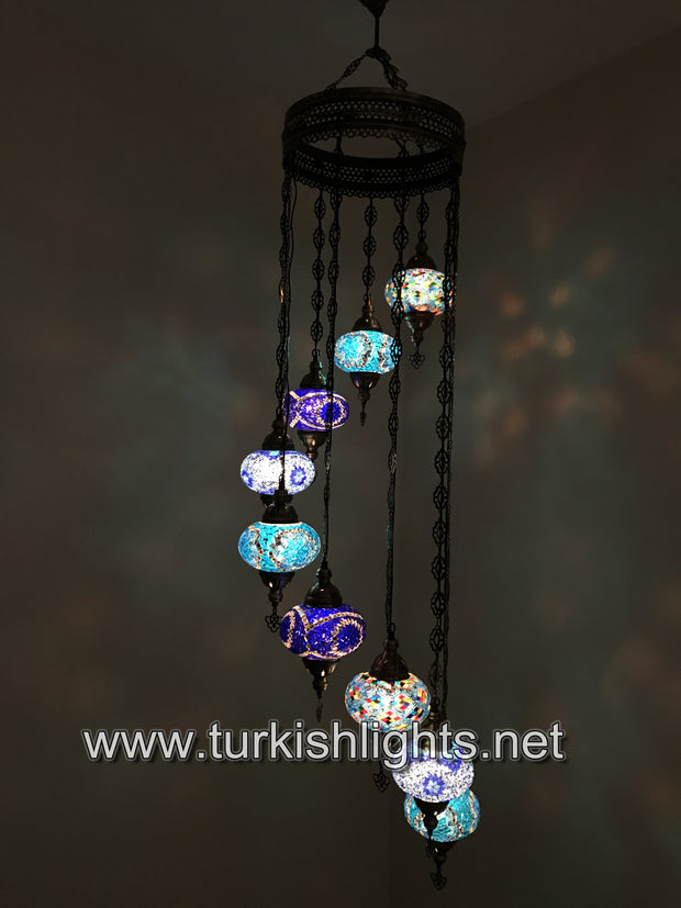 9-BALL TURKISH  MOSAIC CHANDELIER WITH LARGE GLOBES, BLUE MIX - TurkishLights.NET