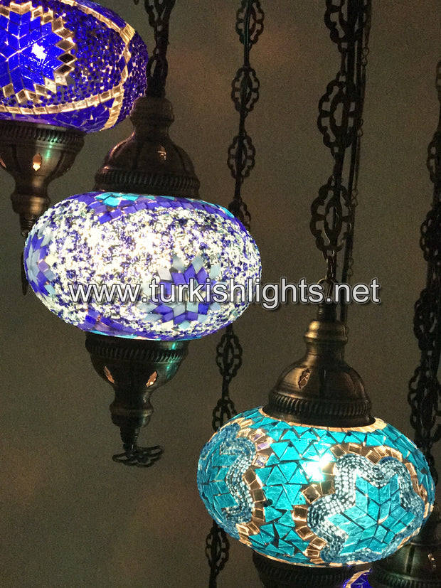 9-BALL TURKISH  MOSAIC CHANDELIER WITH LARGE GLOBES, BLUE MIX - TurkishLights.NET