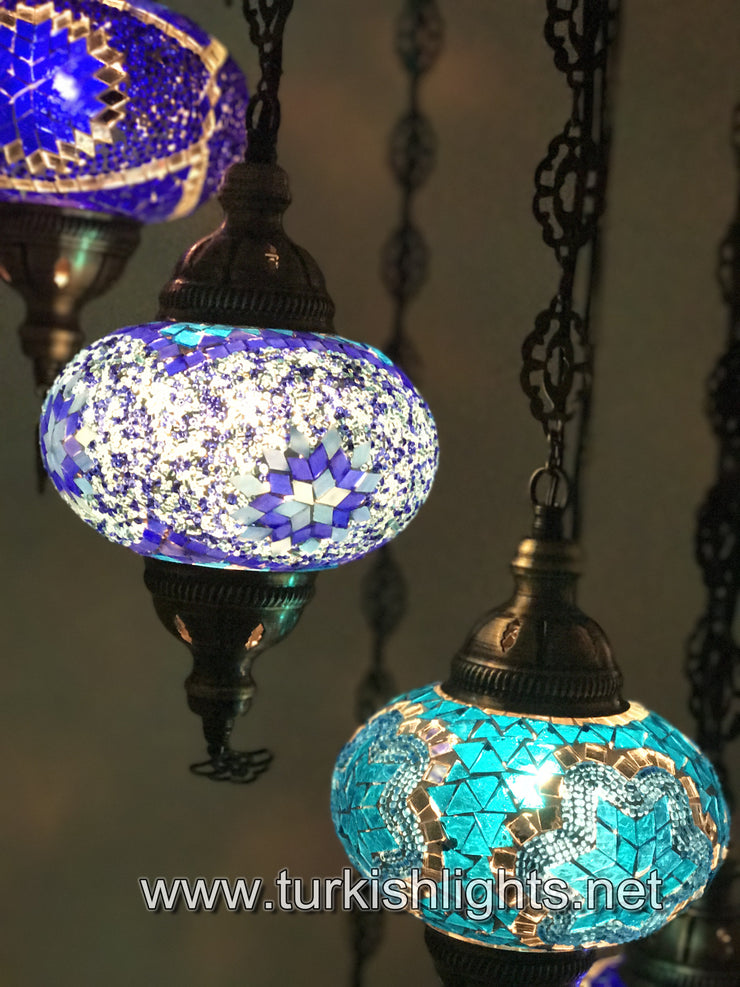 9-BALL TURKISH  MOSAIC CHANDELIER WITH LARGE GLOBES, BLUE MIX - TurkishLights.NET