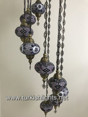 9-BALL TURKISH  MOSAIC CHANDELIER WITH LARGE GLOBES, BLUE MIX - TurkishLights.NET