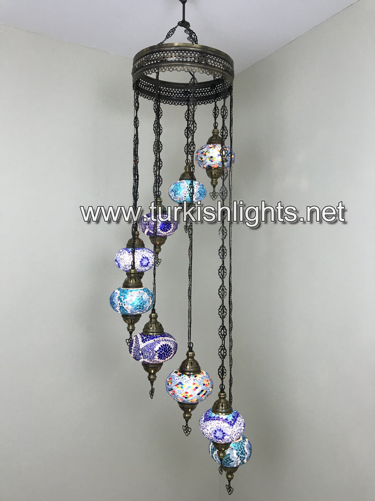 9-BALL TURKISH  MOSAIC CHANDELIER WITH LARGE GLOBES, BLUE MIX - TurkishLights.NET