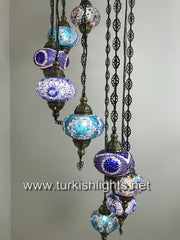 9-BALL TURKISH  MOSAIC CHANDELIER WITH LARGE GLOBES, BLUE MIX - TurkishLights.NET