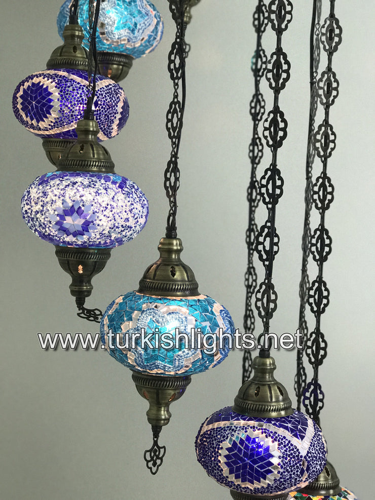 9-BALL TURKISH  MOSAIC CHANDELIER WITH LARGE GLOBES, BLUE MIX - TurkishLights.NET