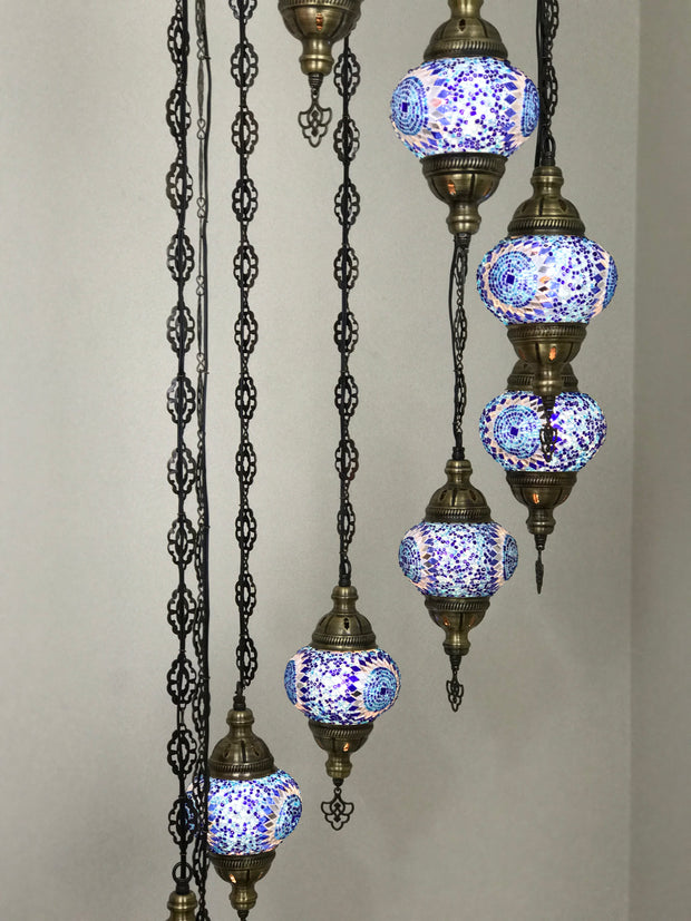 9-BALL TURKISH  MOSAIC CHANDELIER WITH MEDIUM GLOBES - TurkishLights.NET