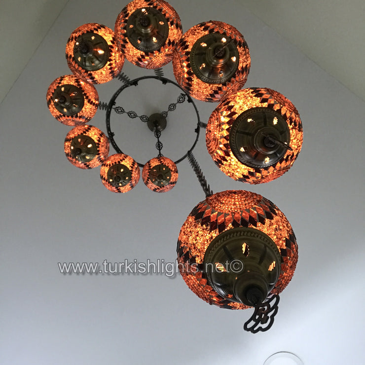 9-BALL TURKISH  MOSAIC CHANDELIER WITH MEDIUM GLOBES, BROWN - TurkishLights.NET