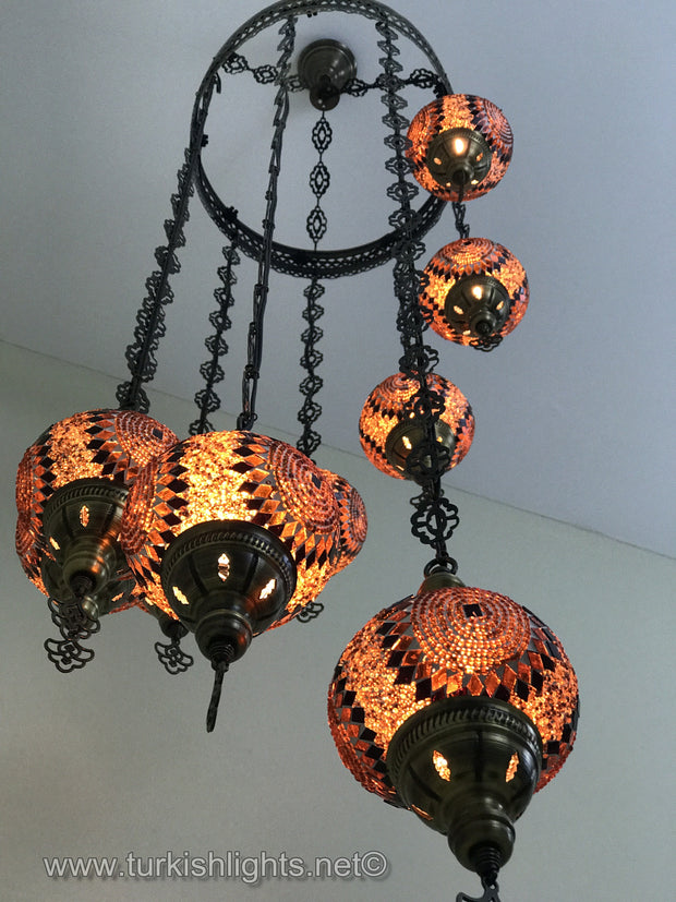 9-BALL TURKISH  MOSAIC CHANDELIER WITH MEDIUM GLOBES, BROWN - TurkishLights.NET