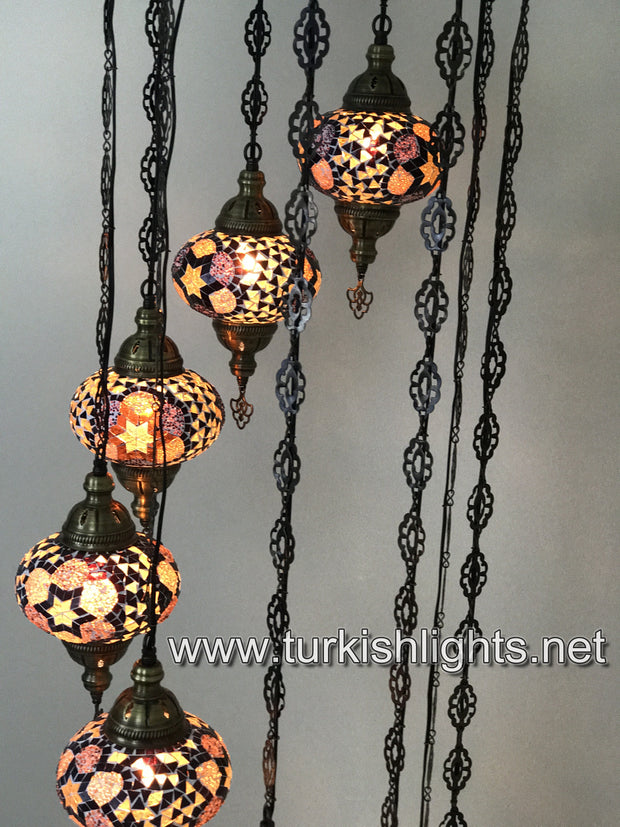 9-BALL TURKISH  MOSAIC CHANDELIER WITH LARGE GLOBES, BROWN - TurkishLights.NET