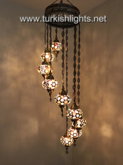 9-BALL TURKISH  MOSAIC CHANDELIER WITH LARGE GLOBES, BROWN - TurkishLights.NET