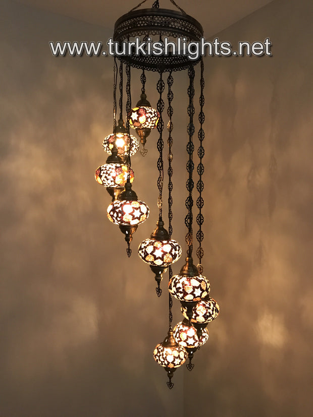 9-BALL TURKISH  MOSAIC CHANDELIER WITH LARGE GLOBES, BROWN - TurkishLights.NET