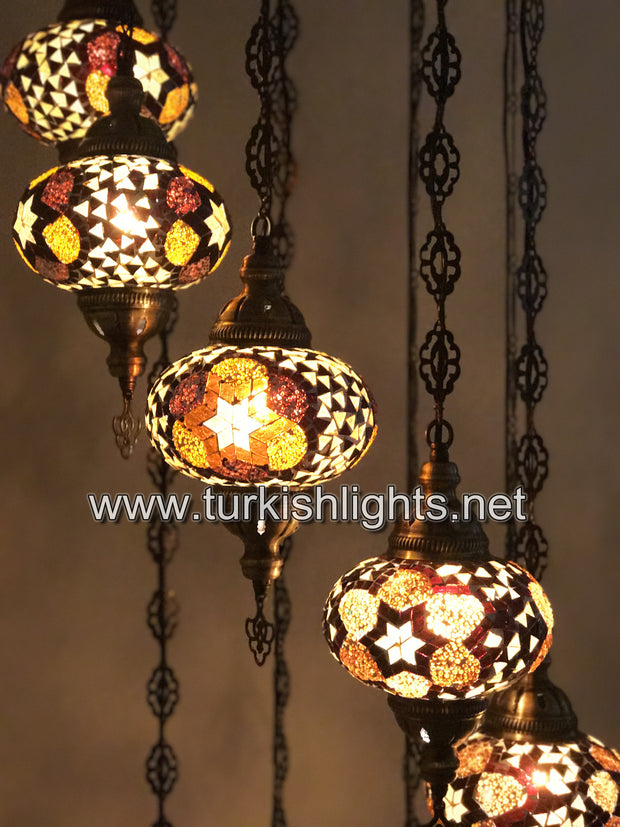 9-BALL TURKISH  MOSAIC CHANDELIER WITH LARGE GLOBES, BROWN - TurkishLights.NET